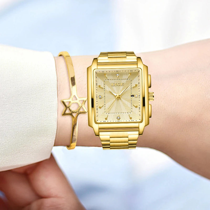 Relógio feminino quadrado dourado