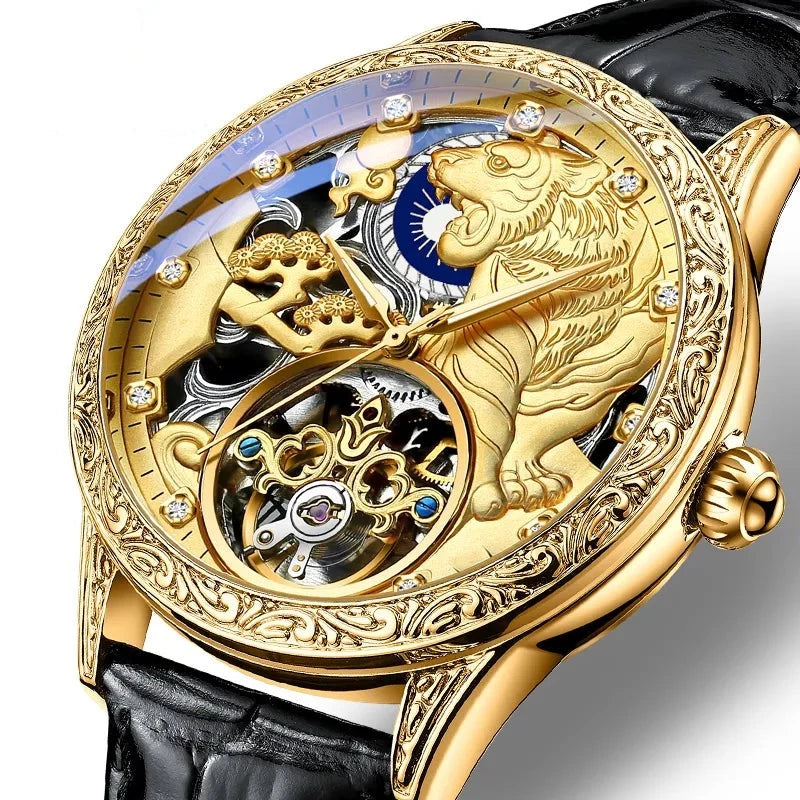 Relógio mecânico Leão Persa com pulseira de couro