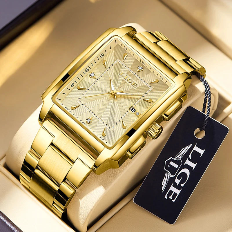 Relógio feminino quadrado dourado